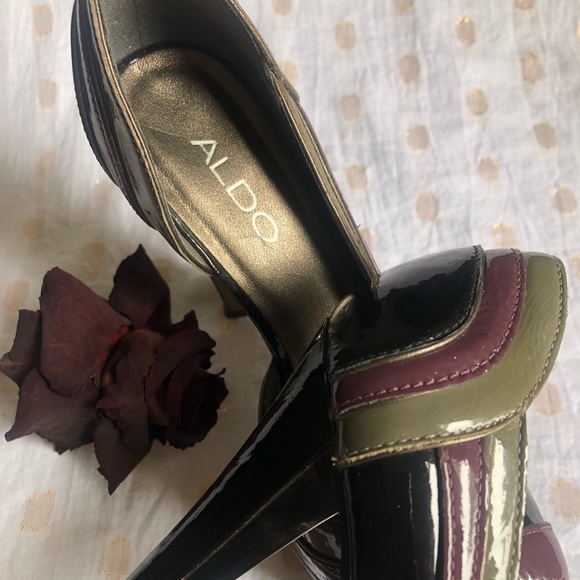 Aldo Black Grey & Plum Peep Toe Slip On High Heels - Picture 4 of 8